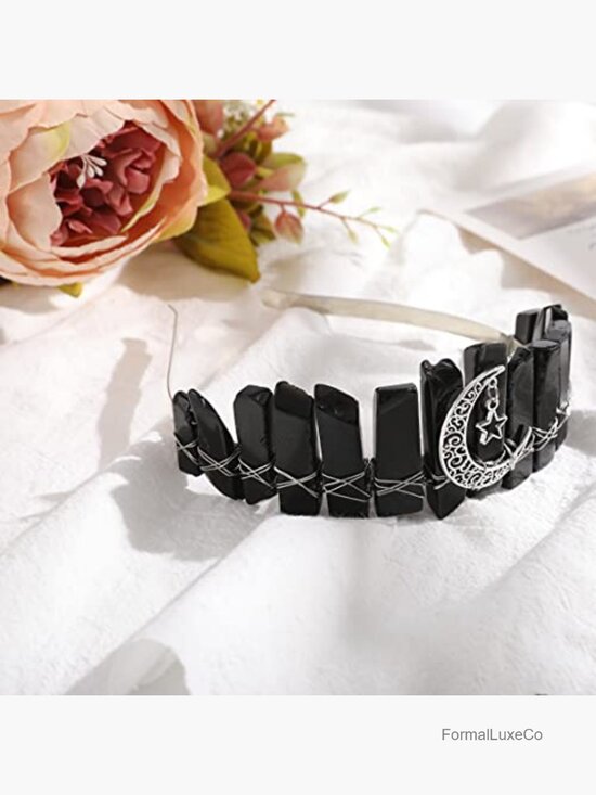 Raw Quartz Crown Headband Rhinestone Tiara Hair Band with Moon Star for Wedding main image 5